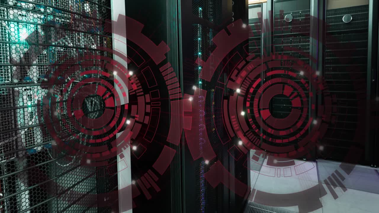 Animation of two red round scanners spinning against computer server room