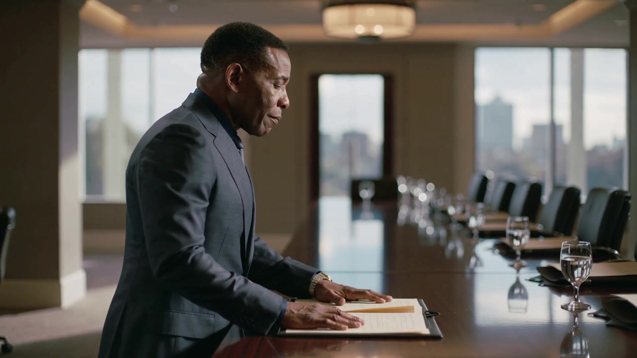 Smoothing suited man arranging papers on clipboard at boardroom table, preparing for meeting