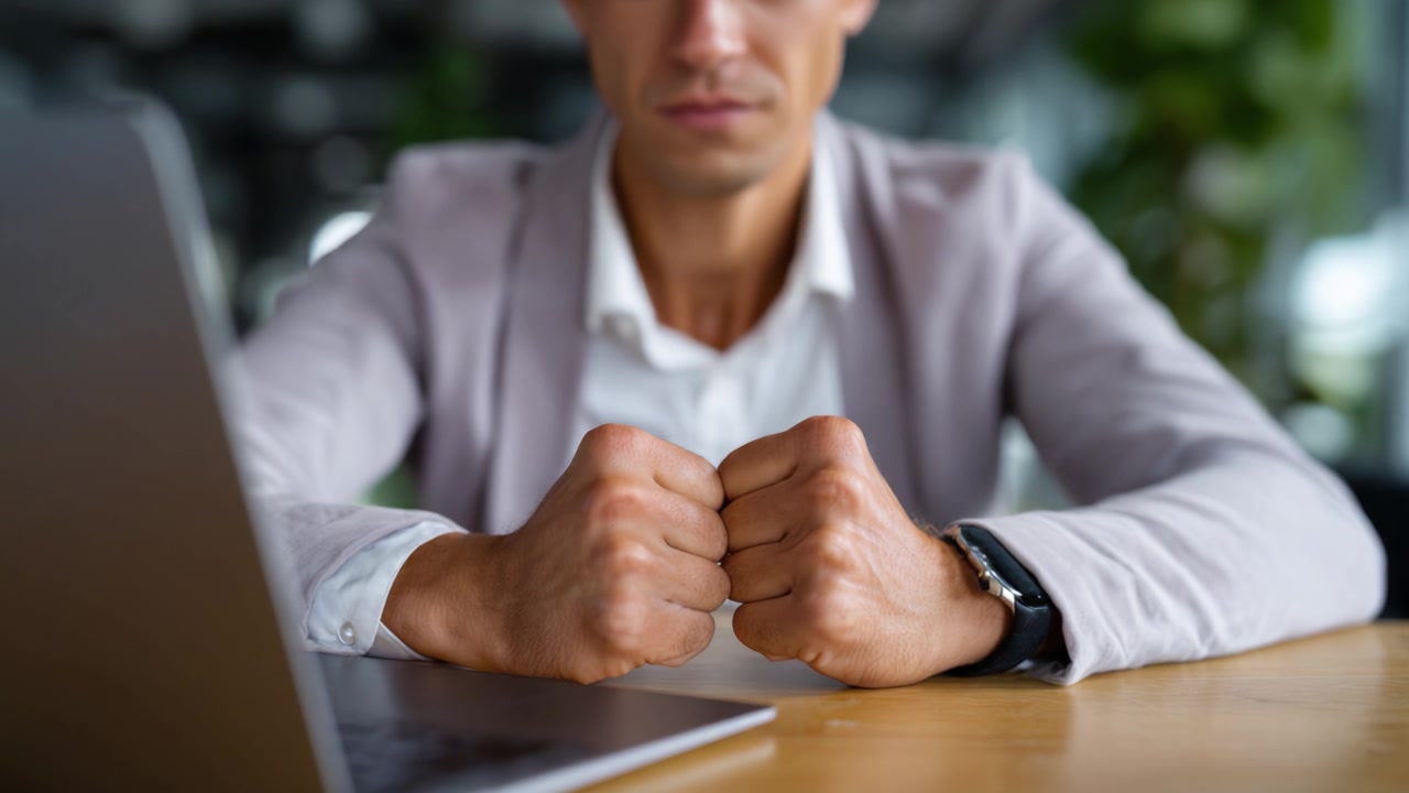 Man Displaying Tension and Determination at a Desk, Clenching Fists While Engaged with Laptop in a Modern Workspace Setting Focused on Professional Environment