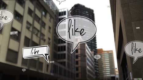 animation of like text on speech bubbles over cityscape in background