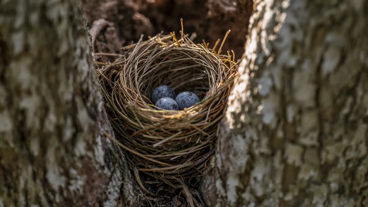 Panning camera slowly revealing bird's nest in tree fork, with three speckled eggs to show detail