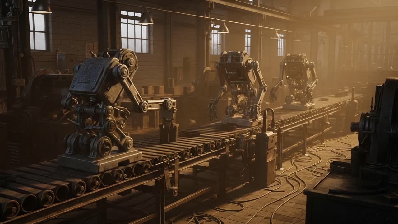 Automated Production Line Featuring Advanced Robotic Arms in a Dimly Lit Industrial Setting, Showcasing Modern Manufacturing Technology and Efficiency