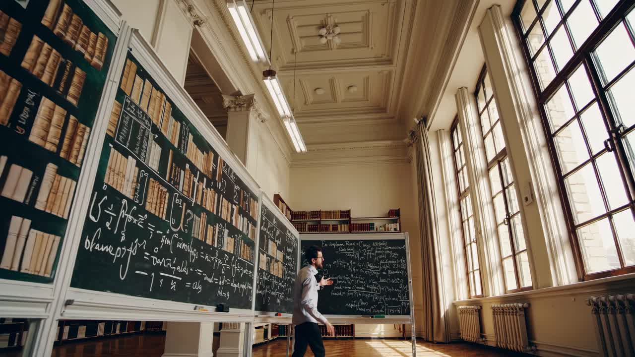 Wide-angle shot of a vintage library with a person writing on a chalkboard, capturing an academic