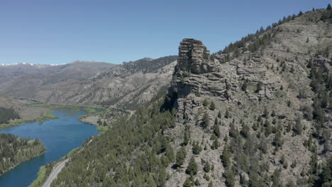 aerial - limay river in valle encantado, patagonia, neuquen, argentina, pan right