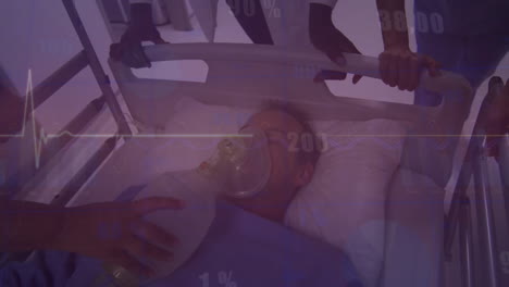 diversos médicos caminando con el paciente en la cama con máscara de oxígeno sobre el cardiógrafo y el procesamiento de datos