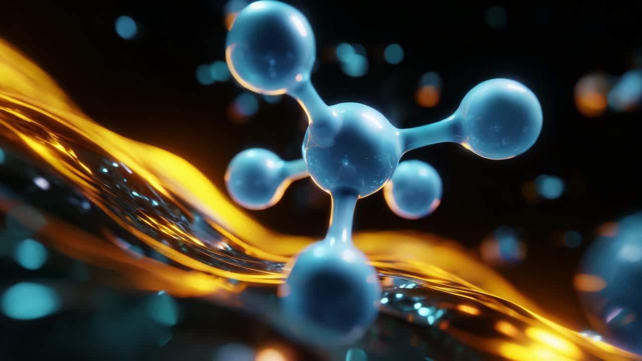 An intricate representation of molecular structures floating amidst a dynamic, colorful fluid background, showcasing the elegance and complexity of molecular interactions and formations in a visually captivating manner