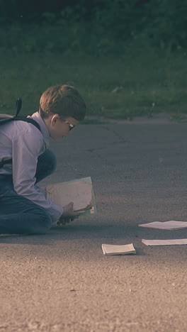 schoolboy gathers books and copybooks on grey asphalt road in green trees shadow in summer slow motion