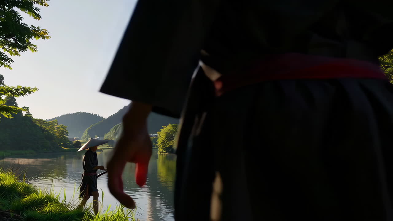 Japanese Farmer by the River, Volcanic Explosion in the Distance