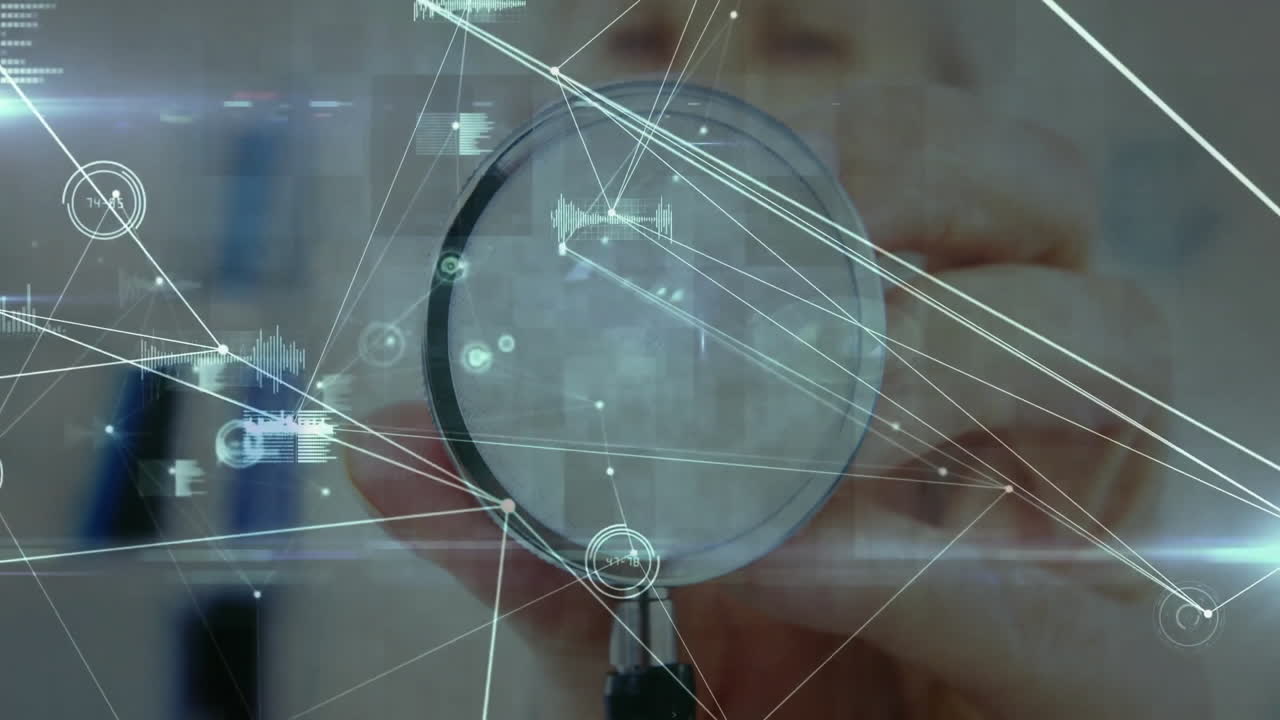 woman data analyst holding lens and examining hologram network lines bar charts in technology