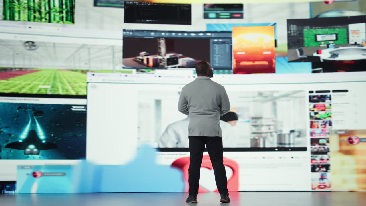 Vertical video Delighted man accessing streaming videos, entering world of online media