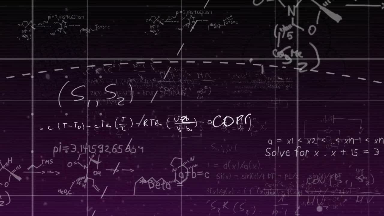 Animation of mathematical drawings and formulas on dark background