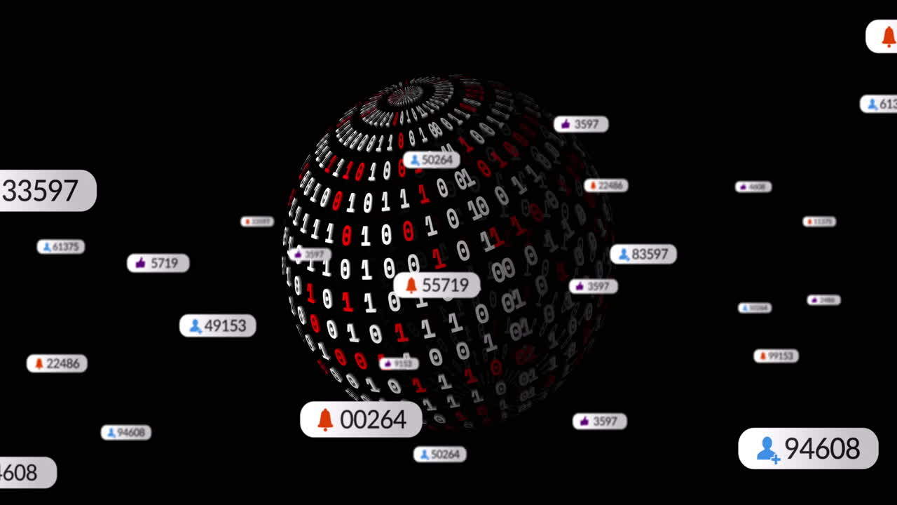 animación de iconos de medios sobre el globo de codificación binaria