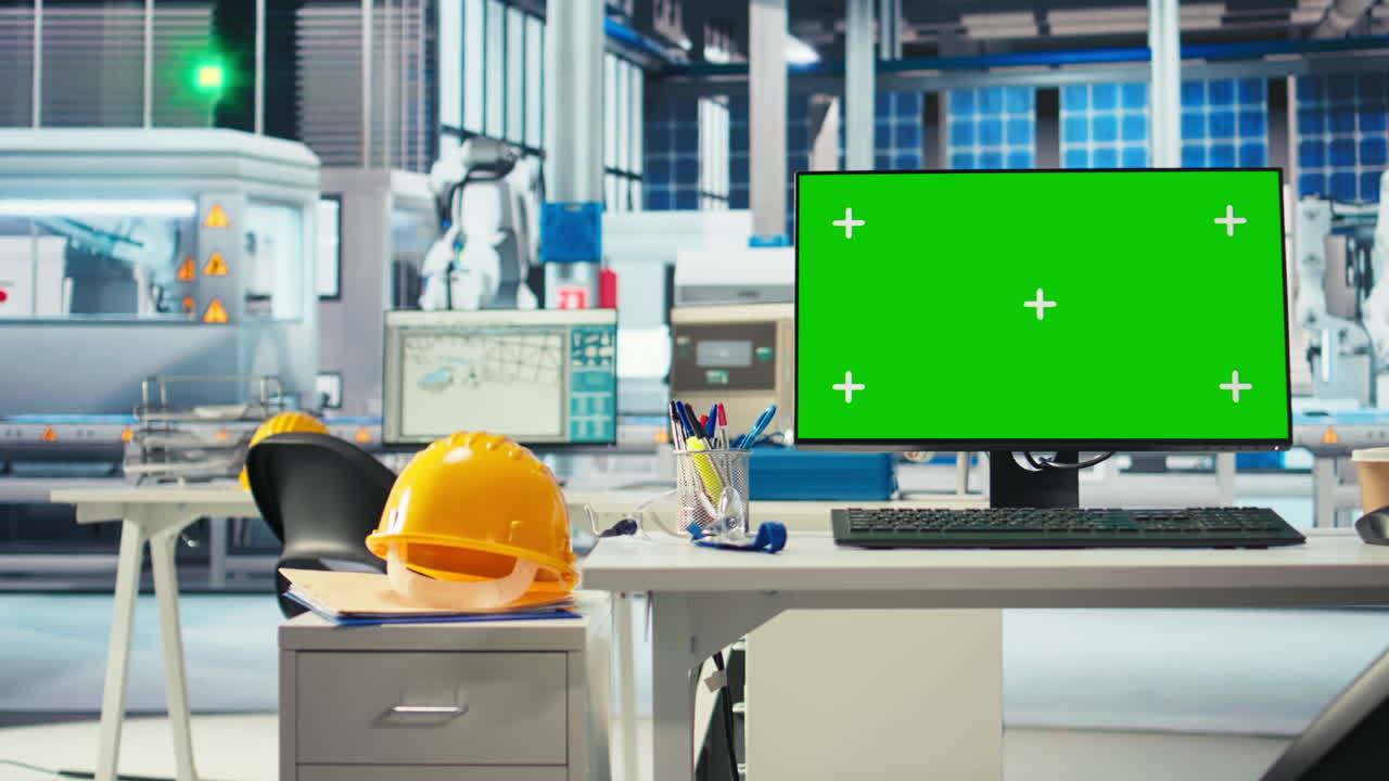 태양광 공장 에너지 공급을 최적화하는 데 사용되는 모형 컴퓨터 모니터