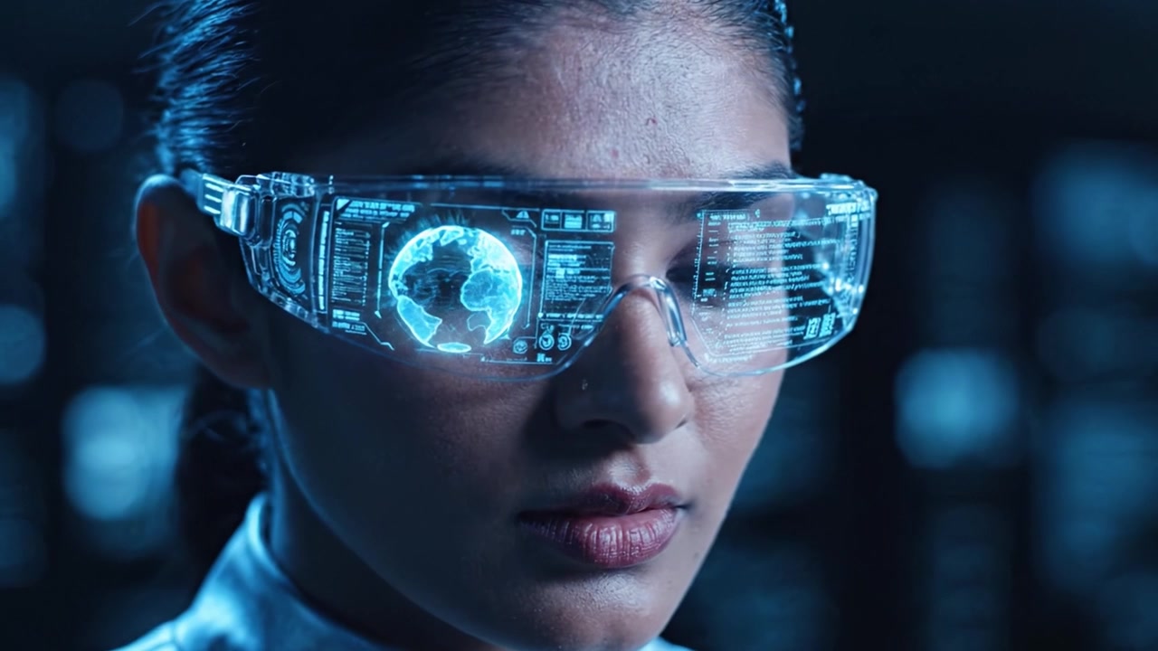 A Focused Innovator: A Close-up of a Woman Wearing High-Tech Glasses Showcasing Advanced Digital Interfaces, Representing the Future of Technology and Innovation.
