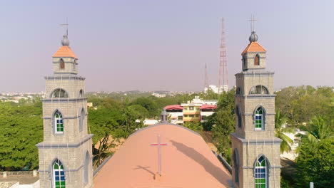 aerial view of a church with twin towers