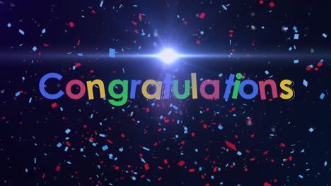 colorful confetti falling on dark background with congratulations text animation