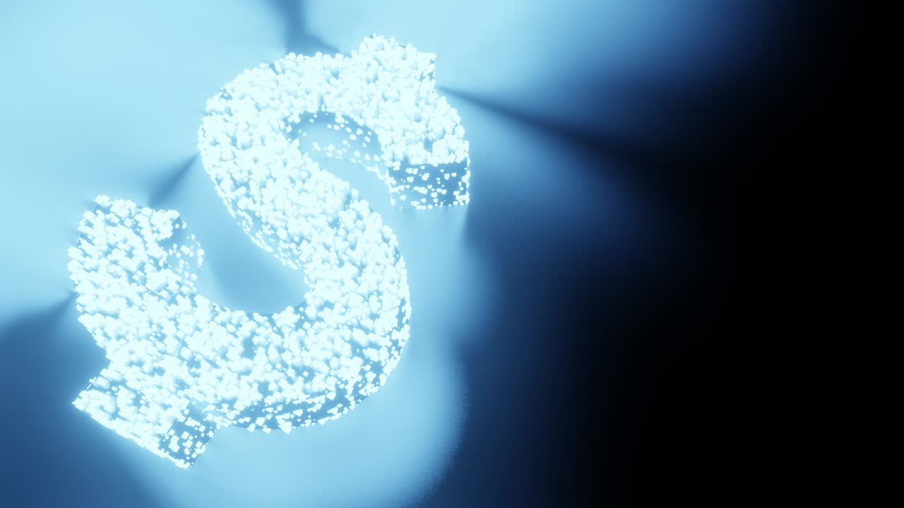 미국 달러 화폐 표지판과 기호 달러 빛 미래 입자 3d 렌더링 큐브 다각형 패턴, 비즈니스 금융 블록체인 기술 검은 바탕에 개념 디자인 애니메이션 4k 복사 공간