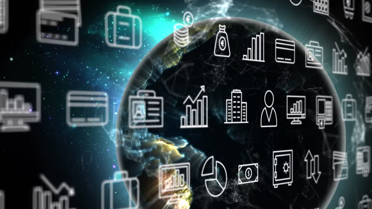 animación de múltiples iconos y puntos conectados alrededor del globo contra un fondo abstracto