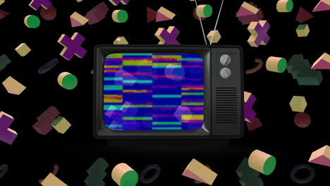 animation of vintage television set with glitch stripes flickering in seamless loop