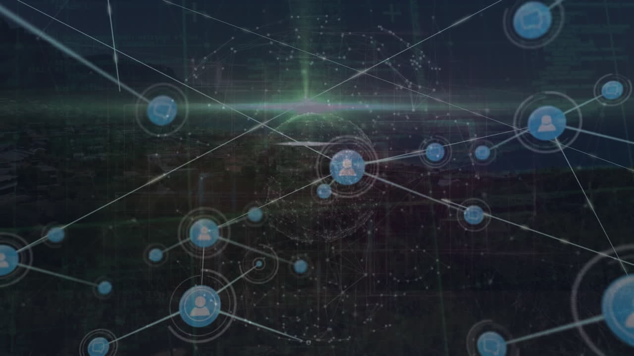 animación de una red de iconos de perfil sobre un globo giratorio frente a una vista aérea del paisaje urbano.