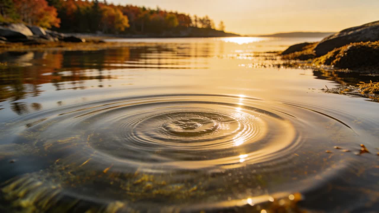 Vertical video: Droplet creating splash and sending ripples over rocks, showing sun glint for film