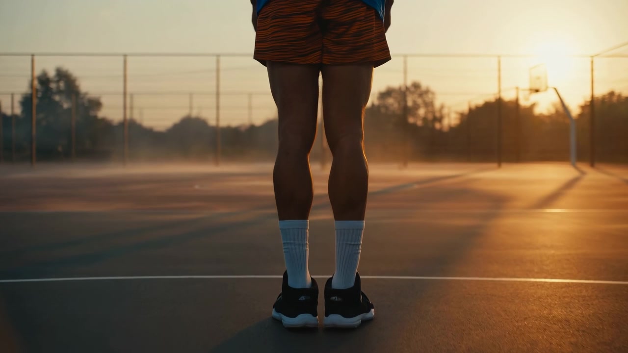 Parte inferior del cuerpo de un jugador de baloncesto visto desde atrás en una cancha de asfalto al aire libre durante el atardecer, con los pies juntos y las rodillas ligeramente flexionadas en una breve pausa junto a la canasta, la valla y largas sombras, con un balón de baloncesto.