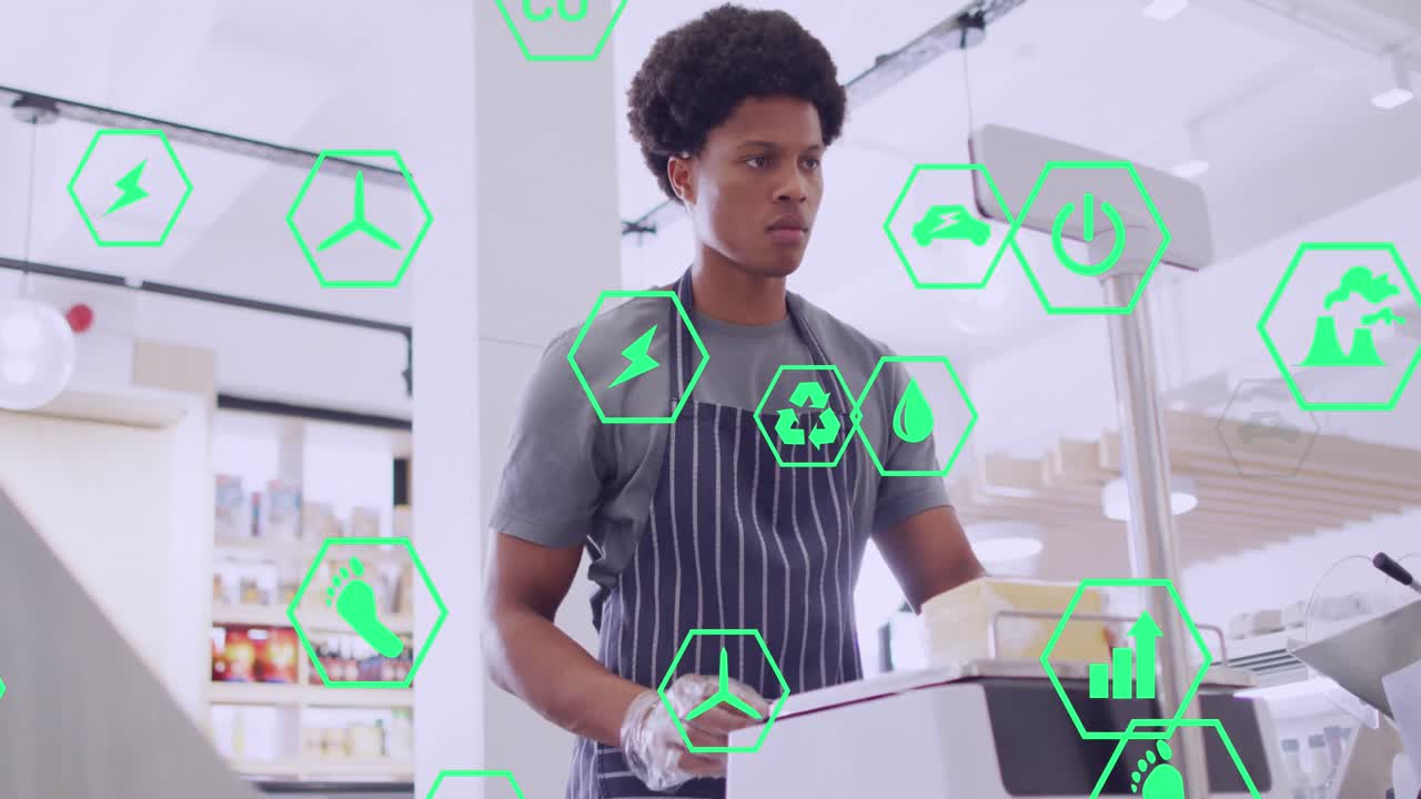 Animation of icons and data processing over biracial man serving food in shop