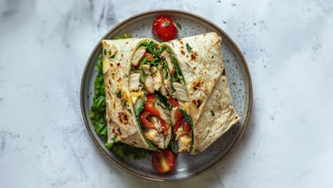 chicken wrap with lettuce, tomato, red pepper and cheese