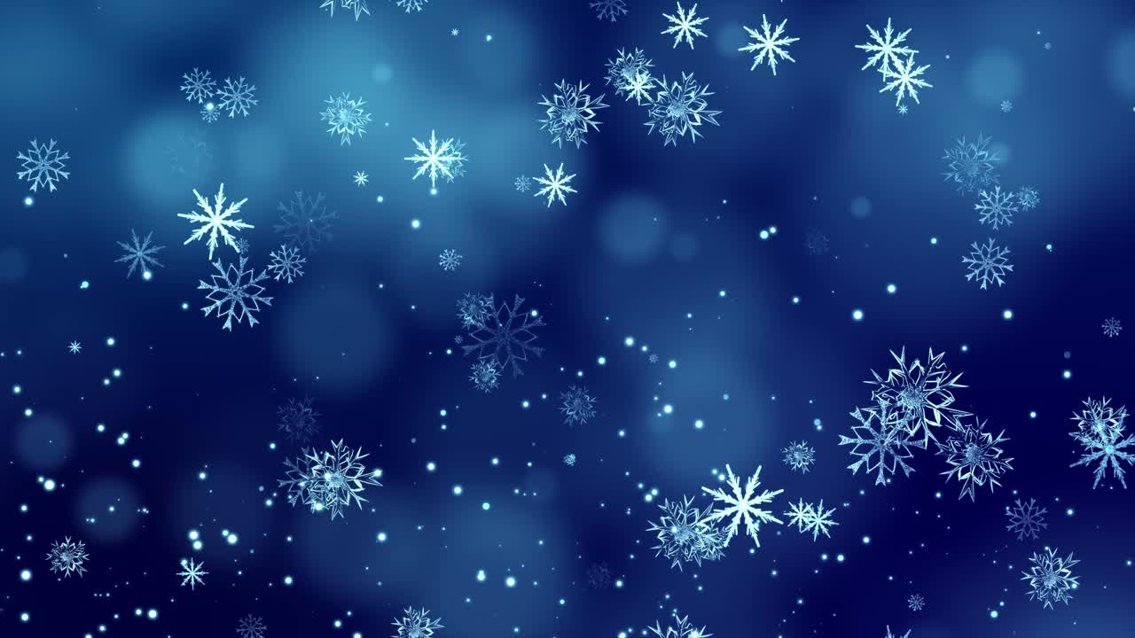 4K Loop Snow falling on blue sky with Blue particles in the winter Christmas background