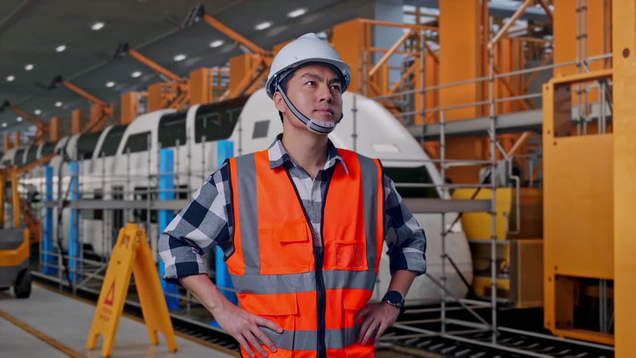 Ingeniero asiático con casco de seguridad mirando alrededor mientras está de pie con los brazos en jarras, ingenieros de mantenimiento de trenes en un depósito