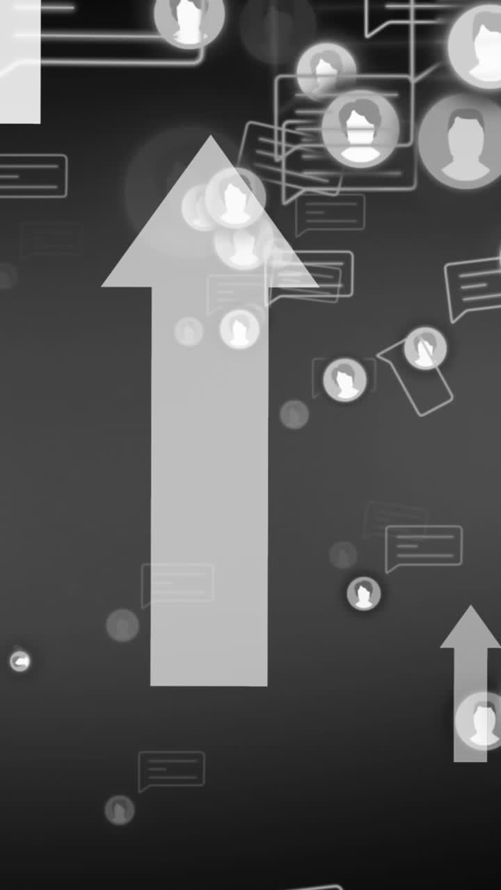 animación de iconos de medios y flechas sobre fondo gris