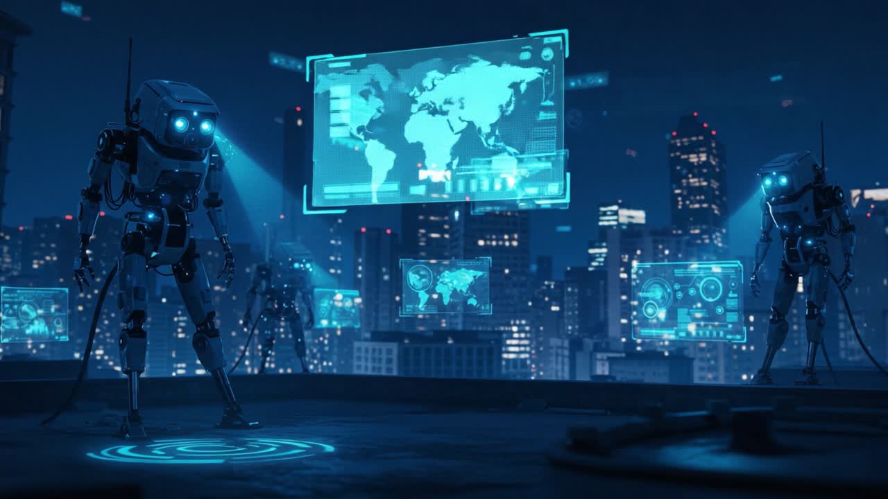 Futuristic Robots Analyze Global Data in a Neon Cityscape: Discover the Intricate Designs and Advanced Technology of Robotic Intelligence Against a Vibrant Urban Backdrop