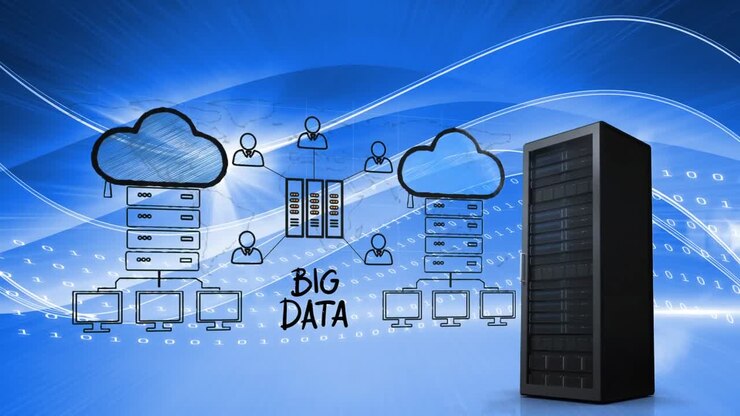 Illustration of cloud storage and a server tower