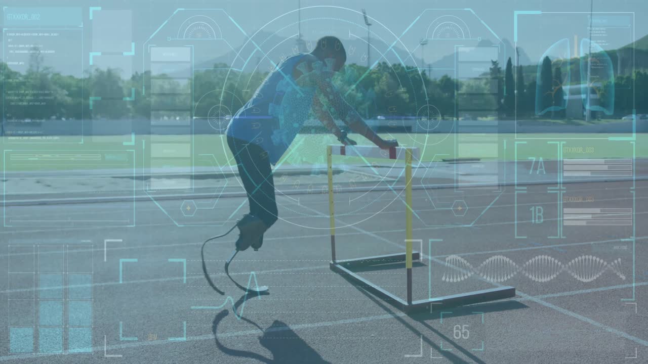 Interface with data processing against african american male athlete with prosthetic leg stretching