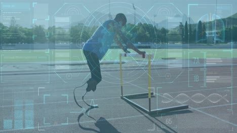 interface with data processing against african american male athlete with prosthetic leg stretching