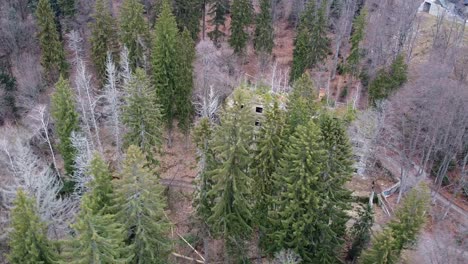 vista aérea del edificio del hospital abandonado en medio del bosque de pinos de la montaña en zagreb, croacia