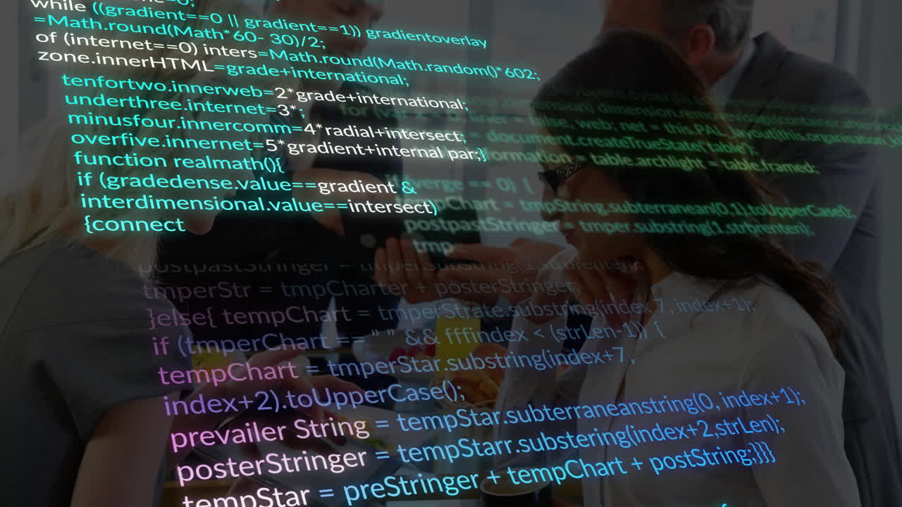 In office, people collaborating with computer code overlaying animation on screen