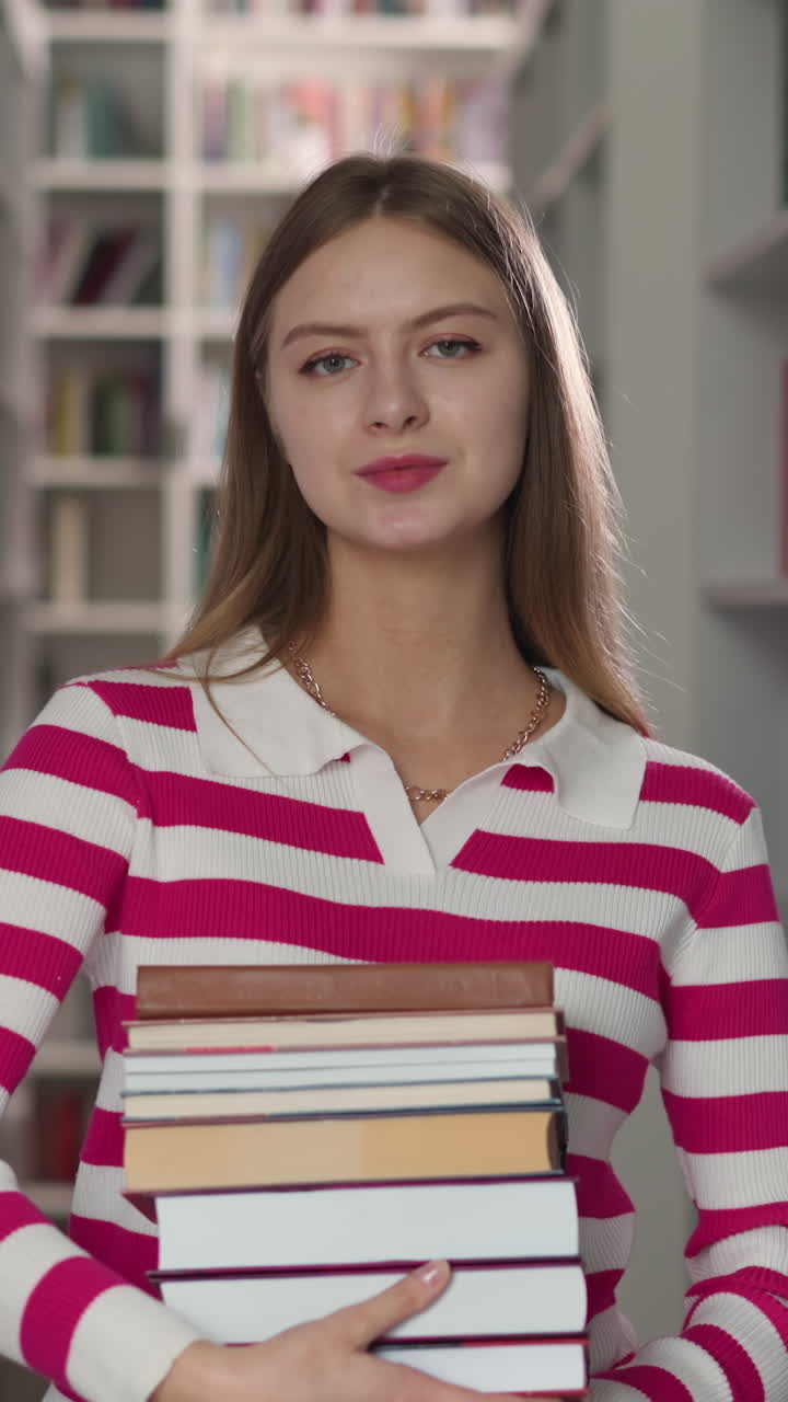 Positive woman holds books standing in store aisle. Blonde woman in casual clothes carries literature for homework in modern library. Lady with detective novels