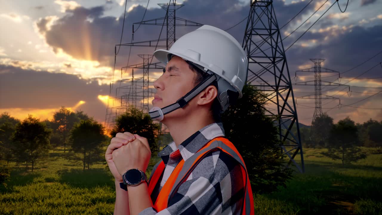 Engenheiro de chapéu rezando ao pôr do sol com linhas de energia