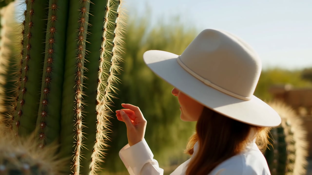 Caucasian Woman In Hat Touching Cactus, Sunlit Desert Garden Scene Showing Profile Of Amateur Botanist