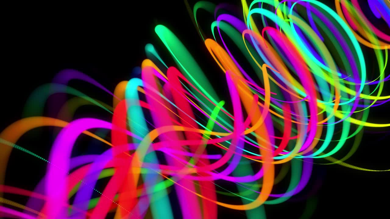 4k에서 세련된 창의적인 추상적인 배경: 회전하는 경로를 따라 회전하는 나선형으로 회전하는 색의 선; 모션 디자인: 선, 나선형 및 추상적인 구조를 형성하는 입자의 bg; 3d 렌더링