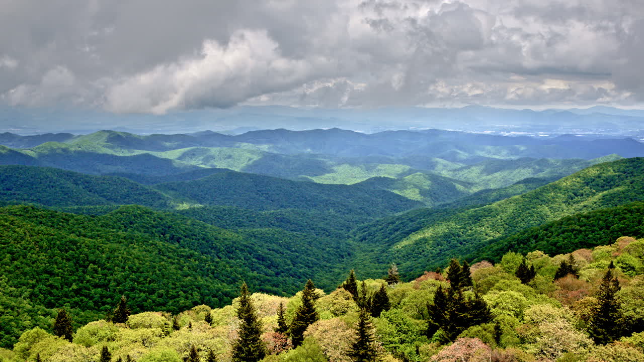 Mist and rainfall cloak the Smoky Mountain backcountry as the drone glides overhead