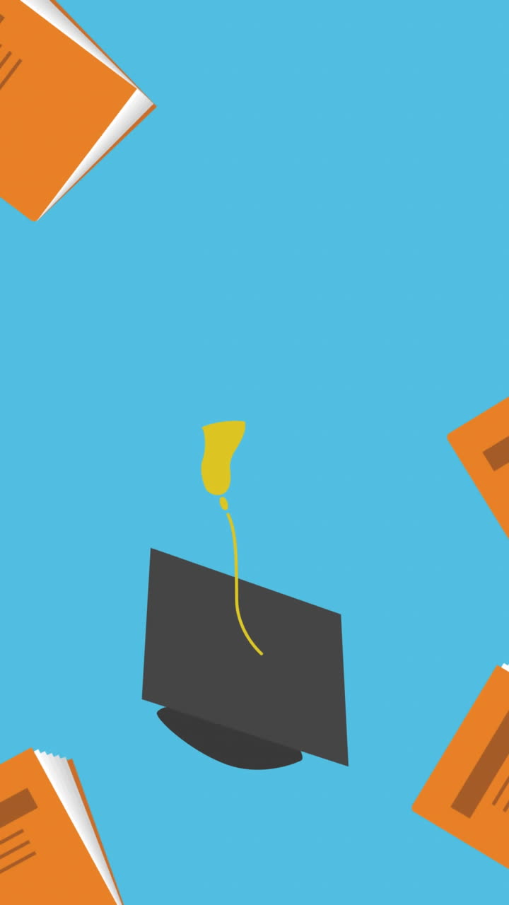 animación de gorras de graduación y libros que caen sobre un fondo azul