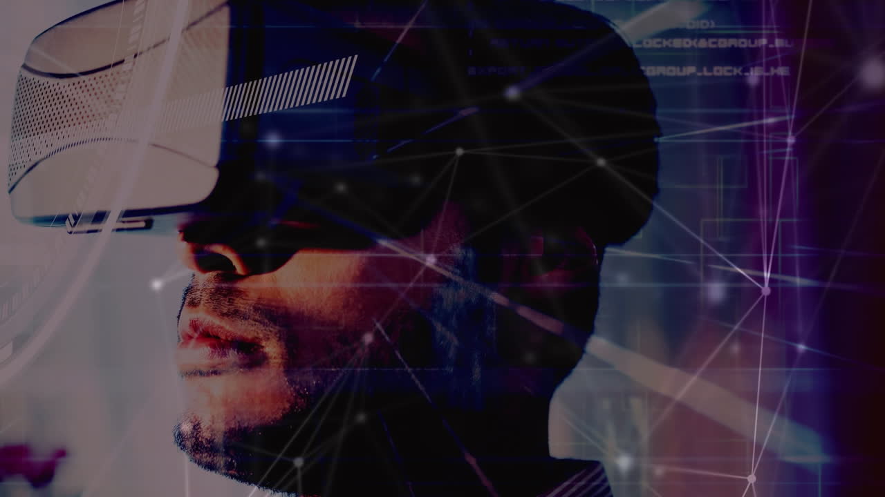 Animation of network of connections over man wearing vr headset