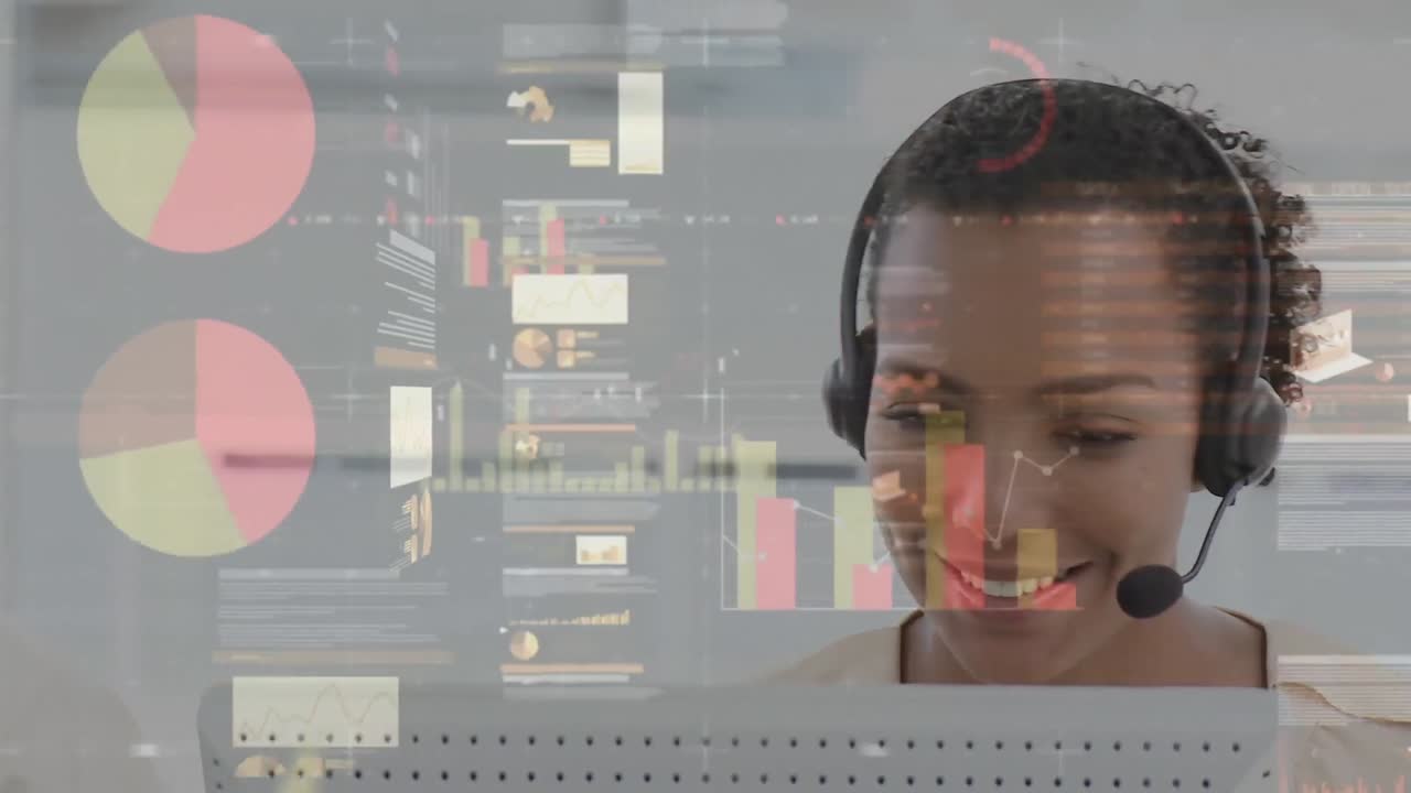Animation of financial and statistic data processing over businesswoman wearing phone headset