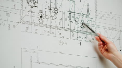 a person's hand pointing at an engineering blueprint or technical drawing