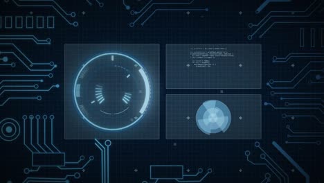 animación de visores y procesamiento de datos por computadora sobre fondo oscuro