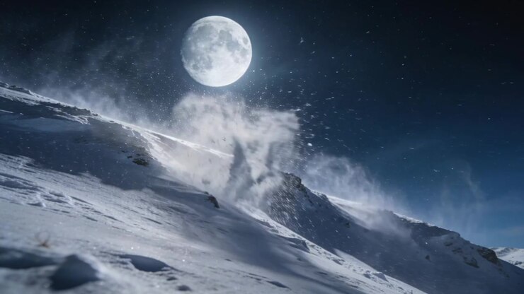 Vento forte levantando neve em pó de uma crista de montanha nevada à noite, lua cheia iluminando partículas.