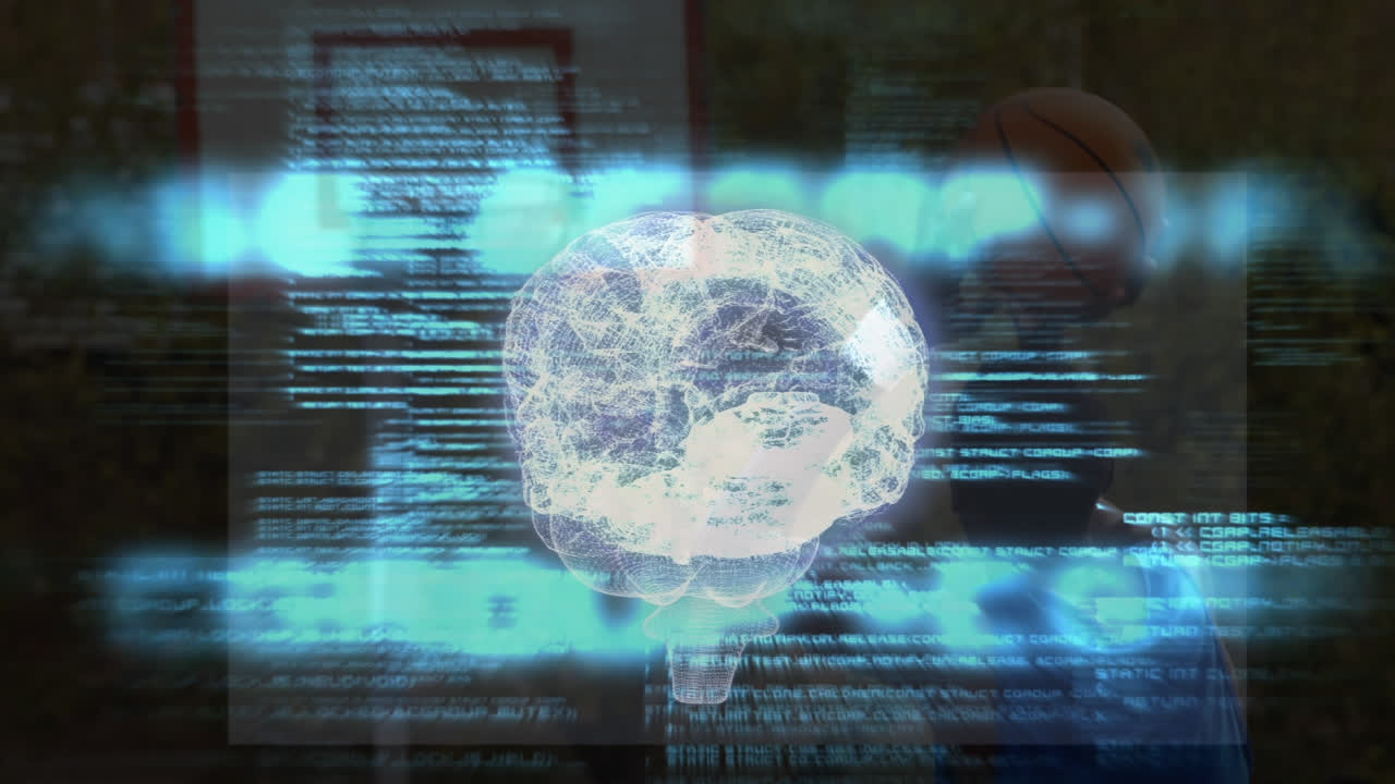 Animation of human brain spinning and data processing over basketball game