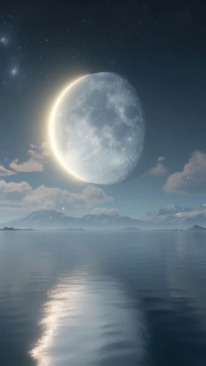 A serene video concept with a low-angle view of a giant moon over tranquil waters